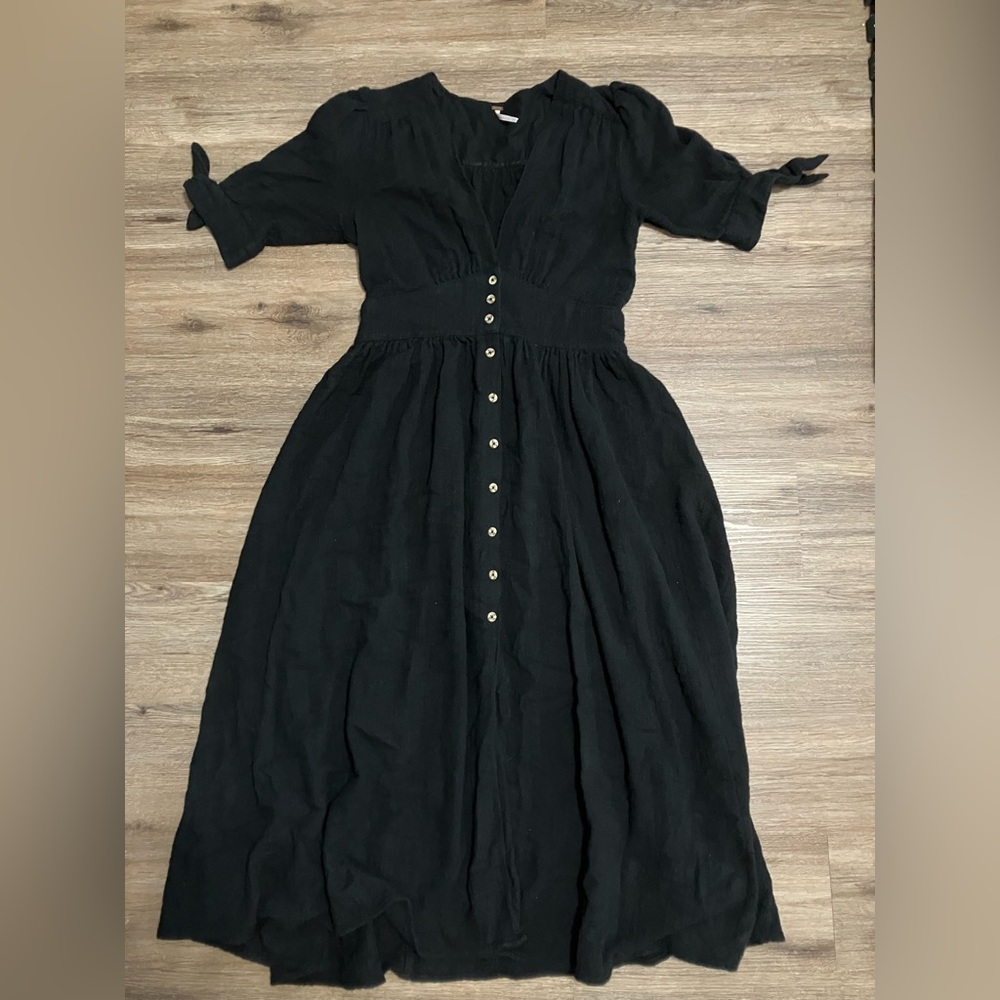 Free People Black Midi Button-Front Dress